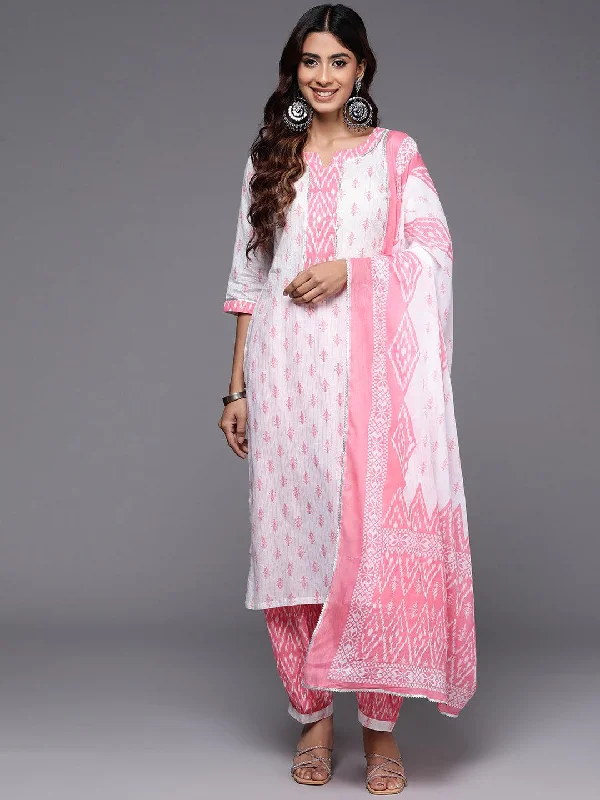 White Printed Cotton Straight Suit With Dupatta