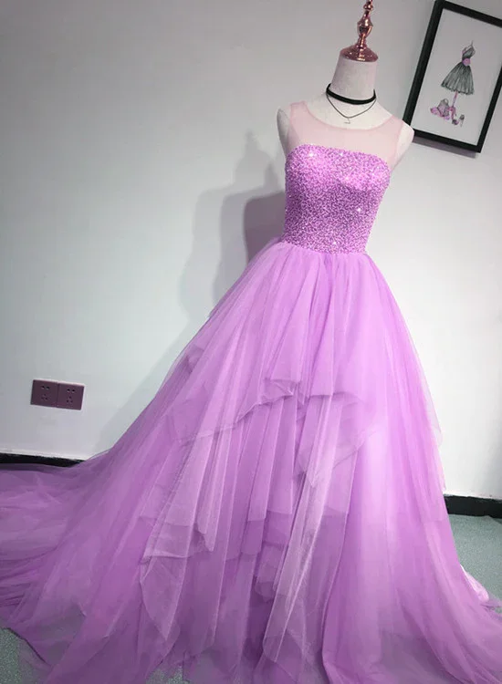 Glam Light Purple Tulle High Low Beaded Layers Party Dress, Formal Dress gh547