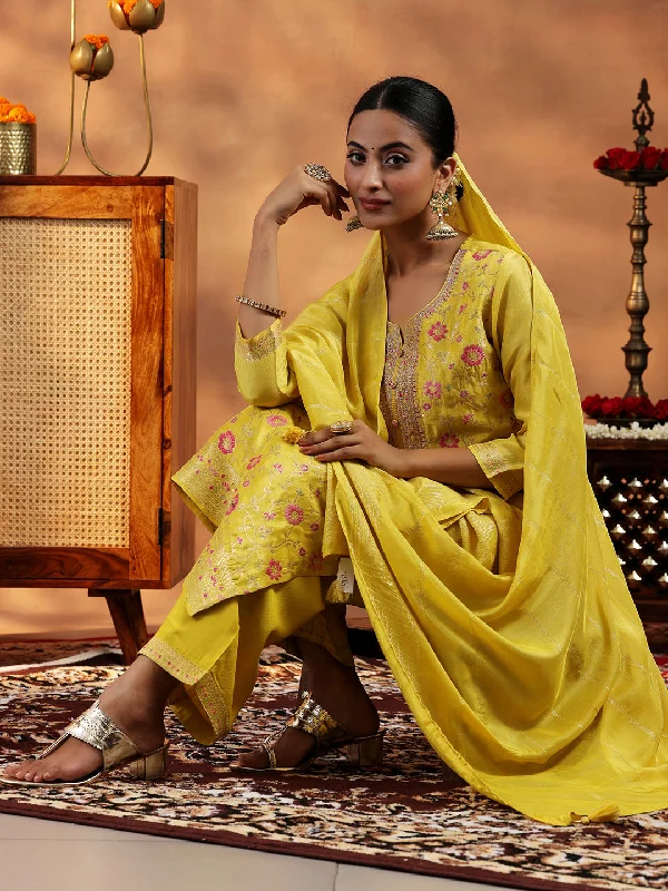 Yellow Woven Design Silk Blend Straight Suit With Dupatta