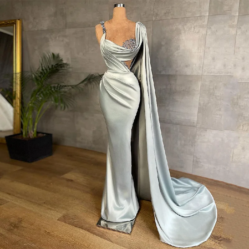 2024 Mermaid Evening Dress Prom Gowns Sexy Beaded Stones Pleat Satin Formal Party Dresses with Long Shawl gh2182