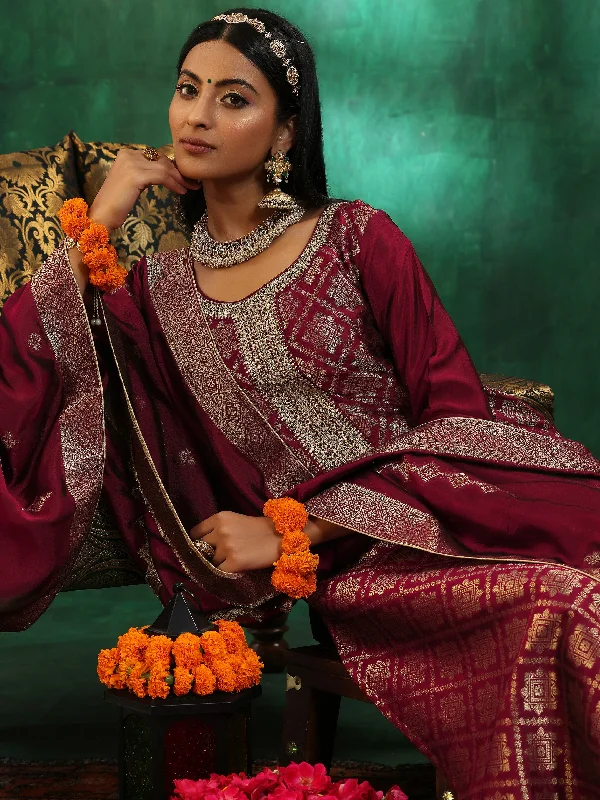 Maroon Woven Design Silk Blend Straight Suit With Dupatta