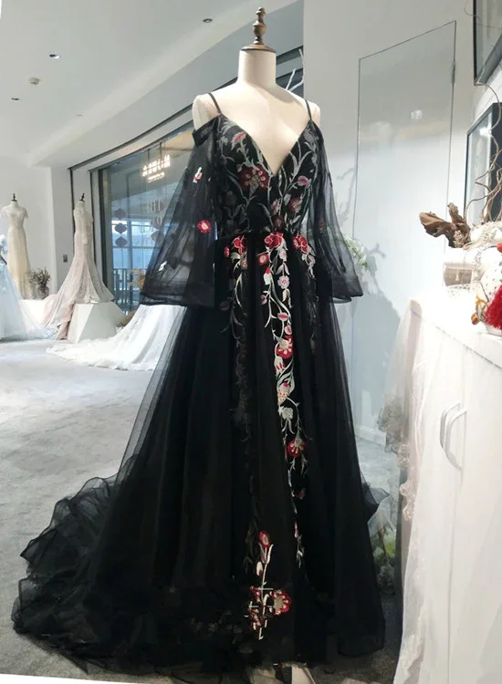 Black Long Sleeves Floor Length Formal Dress, Charming Party Dress  gh511