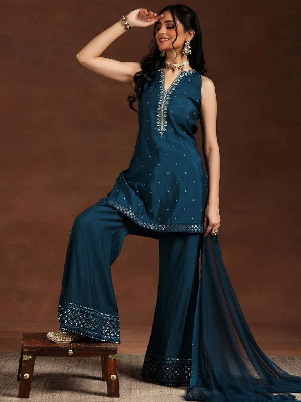 Blue Embroidered Silk Blend Straight Suit With Dupatta