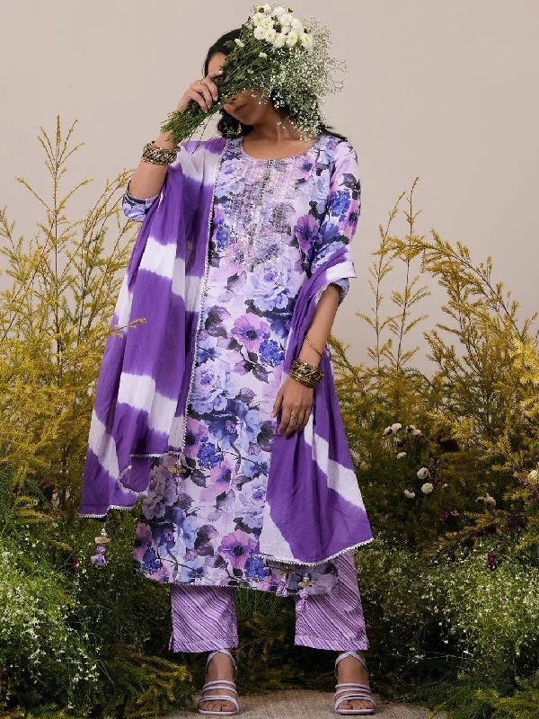 Lavender Printed Cotton Straight Suit With Dupatta