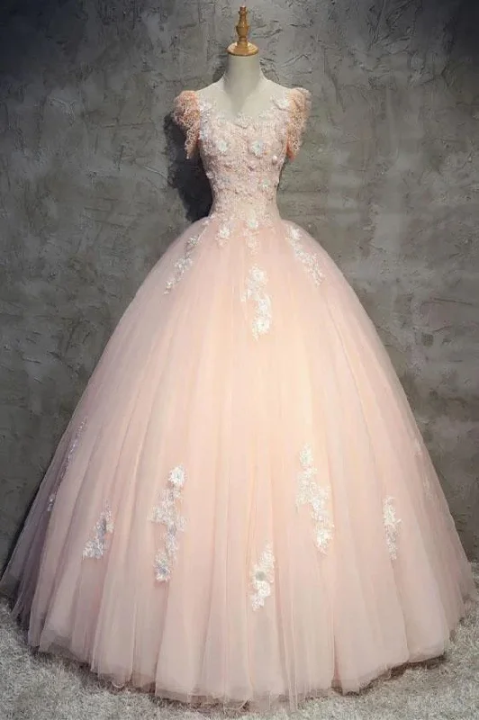 Light Peach Tulle Long Prom Dress With Flowers, Princess Ball Gown Sheer Neck Party Dress gh990