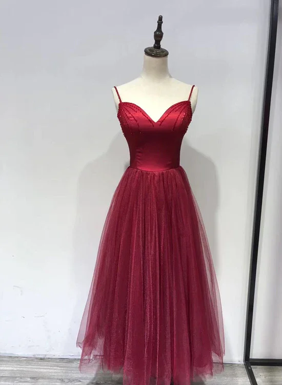 Beautiful Wine Red Straps Beaded Tea Length Wedding Party Dress, Prom Dress   gh589