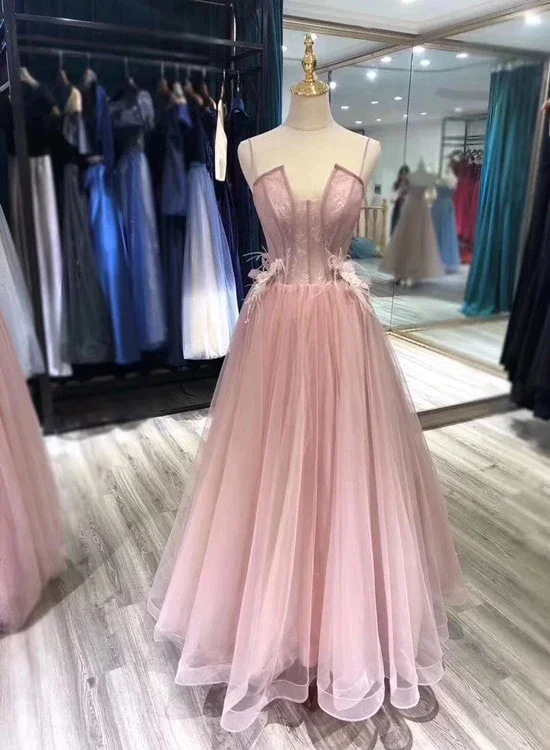 Charming Tulle Straps Long Formal Gown, Pink Elegant Party Dress  gh539