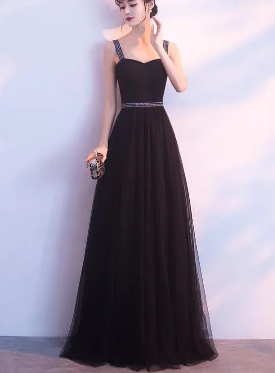 Charming Black Straps Long Tulle Party Dress, Handmade Formal Dress gh526