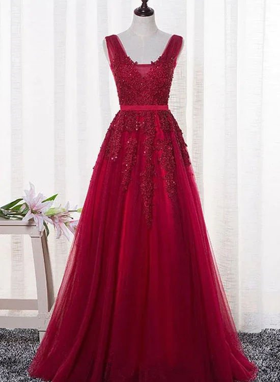 Charming Wine Red Bridesmaid Dress, Lace V-Neckline Party Gown gh541