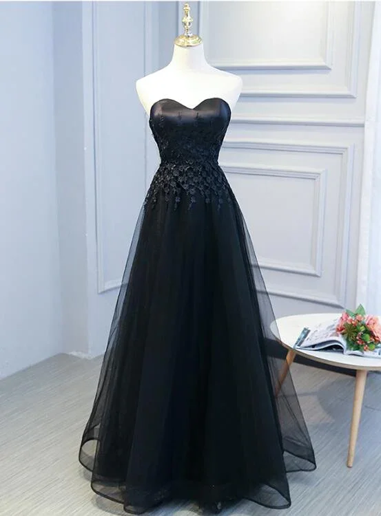 Black Sweetheart Lace And Tulle Long Party Dress, Elegant Bridesmaid Dress  gh465