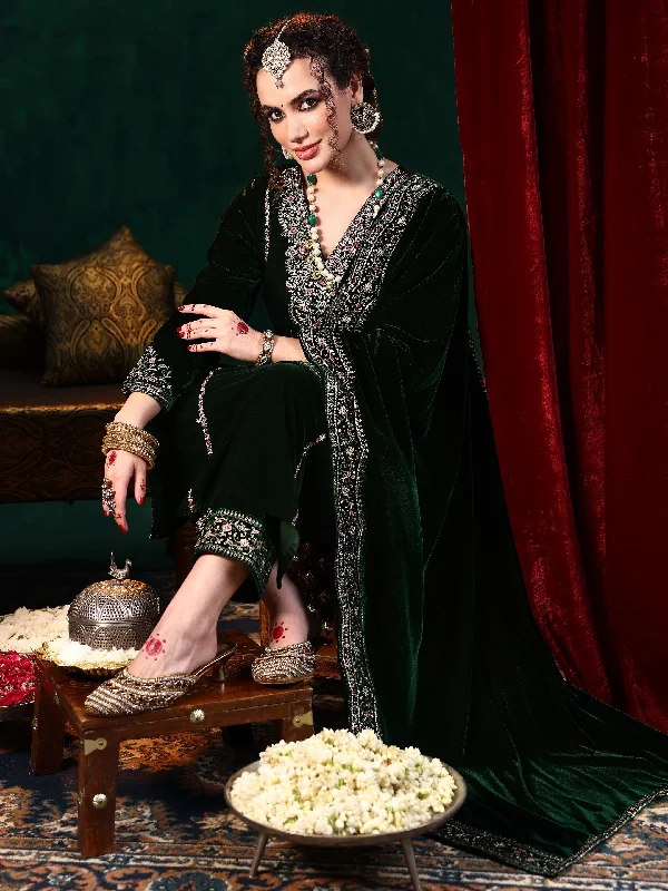 Green Embroidered Velvet Straight Suit With Dupatta