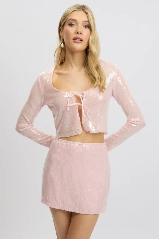 Pink Sequin Top Tie Up Front Long Sleeve