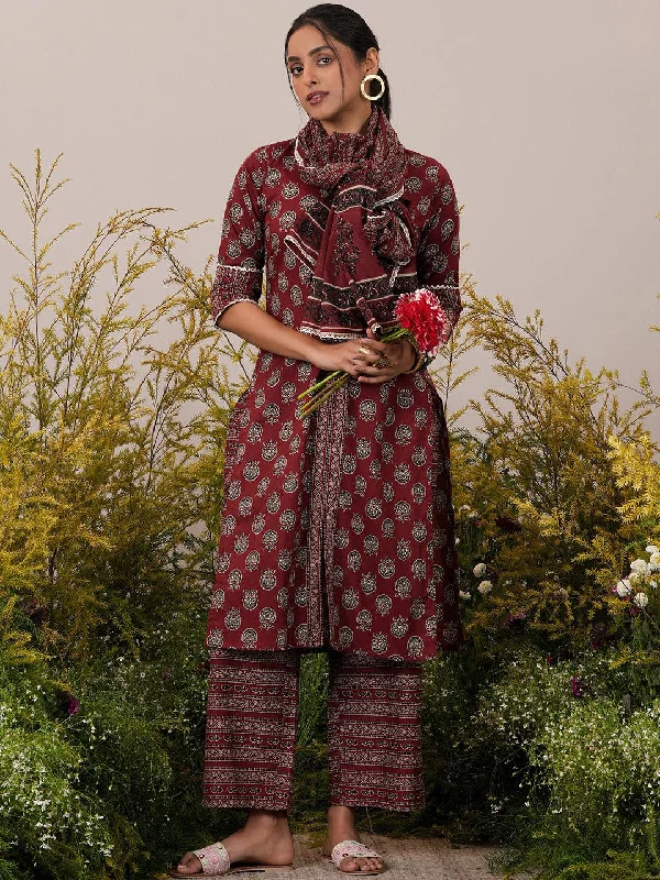 Maroon Printed Cotton Straight Suit With Dupatta