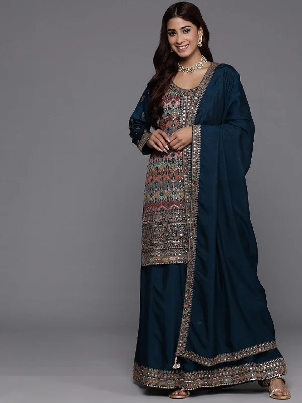 Libas Art Teal Embroidered Silk Blend Straight Suit With Dupatta