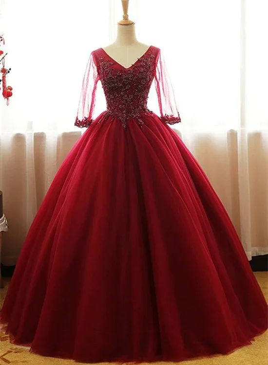 Wine Red 1/2 Sleeves Tulle Formal Gown Long Party Dress gh525