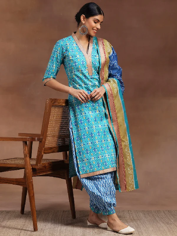 Blue Printed Cotton Straight Suit With Dupatta