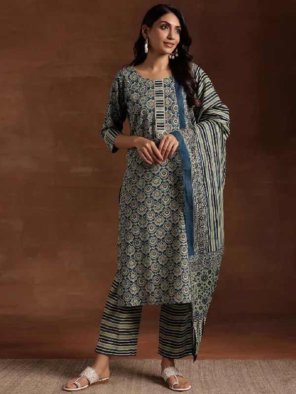 Blue Printed Cotton Straight Suit With Dupatta