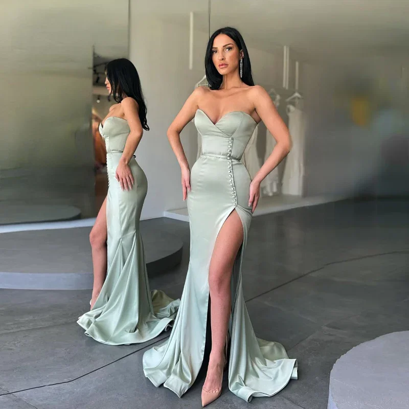 Sexy Long Mermaid Elegant Strapless Prom Dresses  Sleeveless High Split Button Satin Formal Dress Women Evening Party Gowns  gh1141