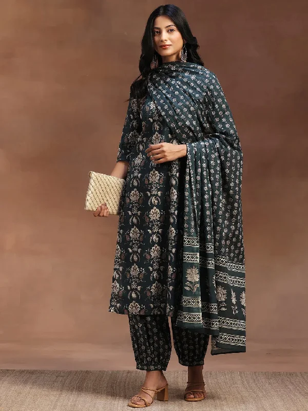 Green Printed Cotton Straight Suit With Dupatta