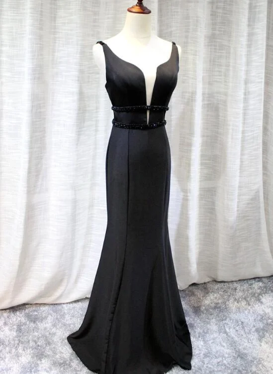 Elegant Black Mermaid Satin V-Neckline Party Dress Charming Mermaid Long Formal Gowns gh593