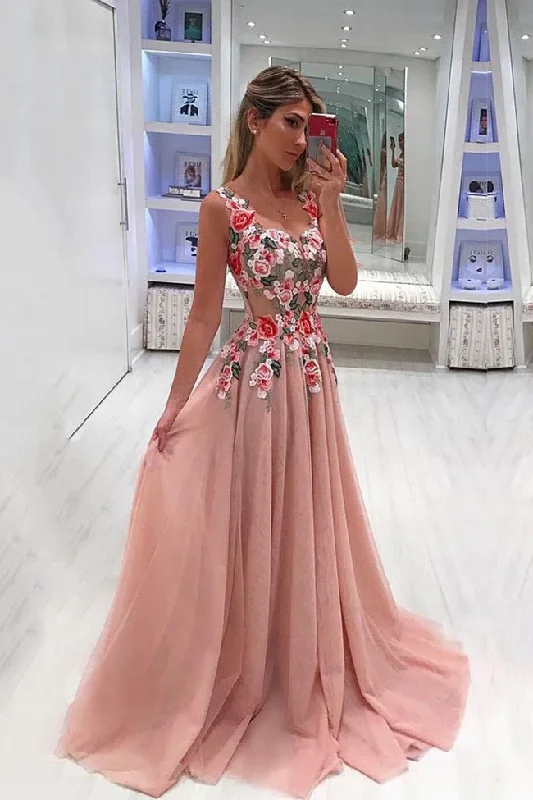 Fashion Blush Pink See Through Lace Flowers Prom Dress Formal Evening Party Dresses   gh2174