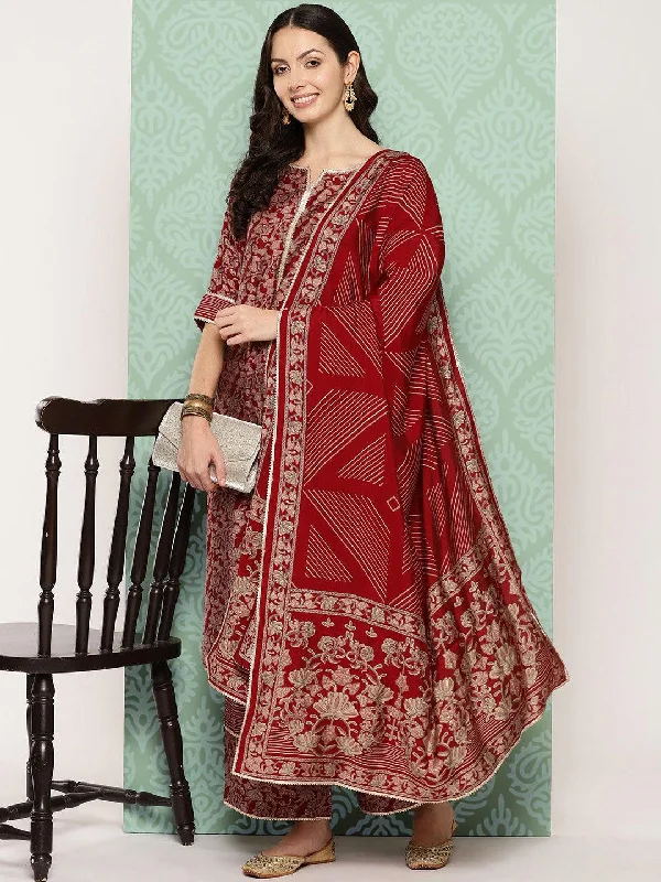 Red Printed Silk Blend Straight Suit With Dupatta