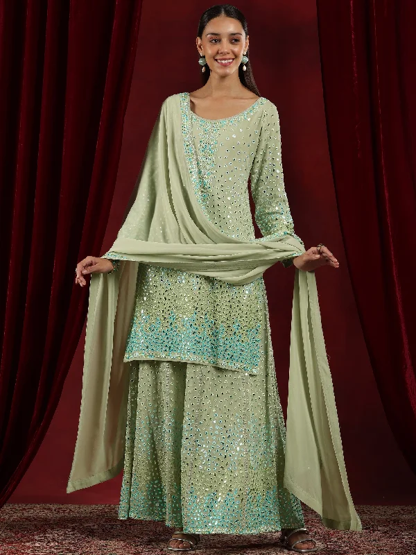 Libas Art Green Embroidered Georgette Straight Suit With Dupatta