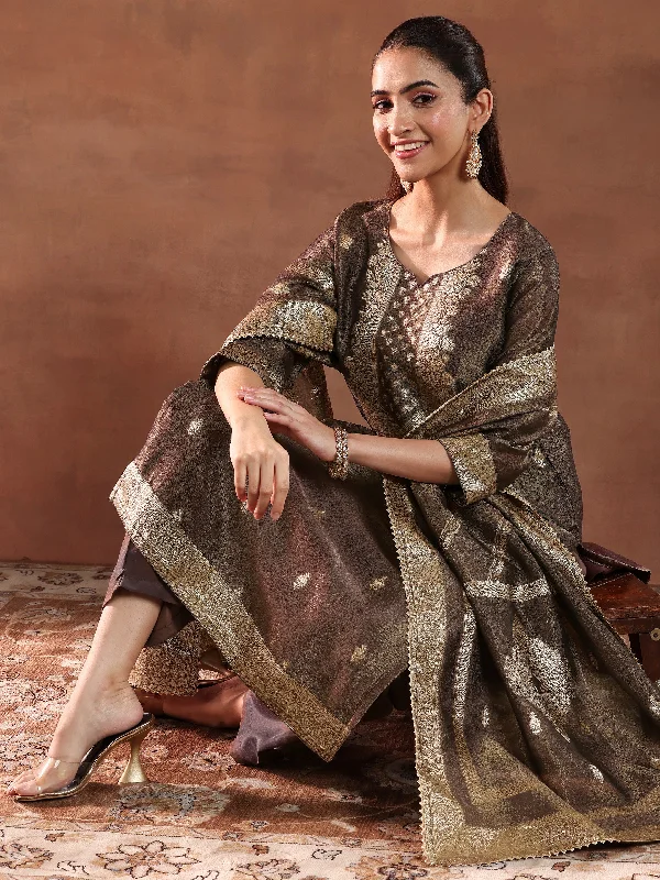 Brown Woven Design Silk Blend Straight Suit With Dupatta