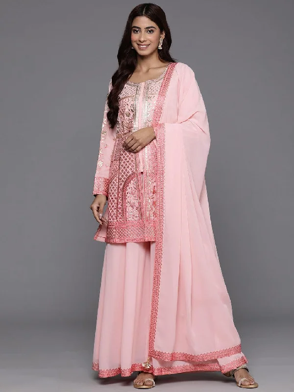 Libas Art Peach Embroidered Georgette Straight Suit With Dupatta