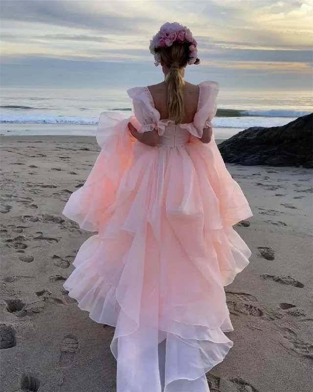 Abmyl Baby Pink Organza Prom Dresses Short Puff Sleeves Ruffles Prom Party Gowns Slit Princess Formal Women Party Dresses  gh829