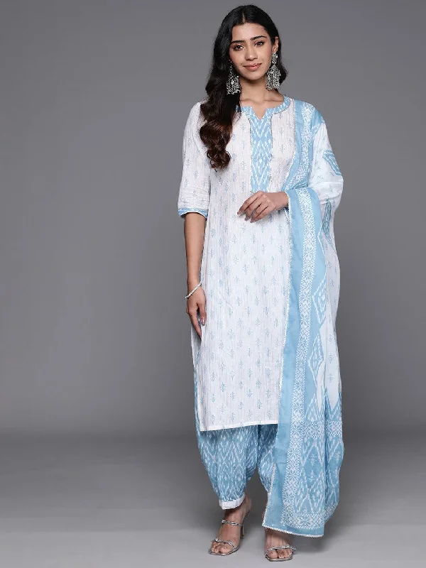 White Printed Cotton Straight Suit With Dupatta