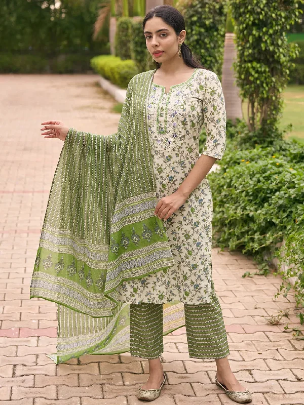 Green Printed Cotton Straight Suit With Dupatta