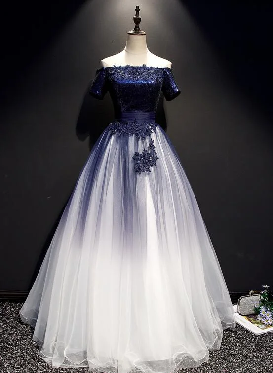 Charming Navy Blue Gradient Tulle With Lace Applique Party Gown, Short Sleeves Formal Dress  gh502