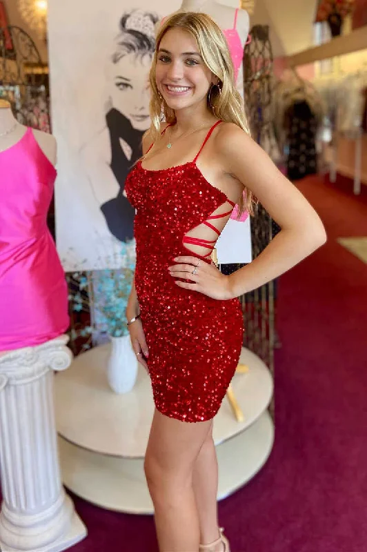 Red Sequin Lace-Up Bodycon Short Party Dress  gh1255