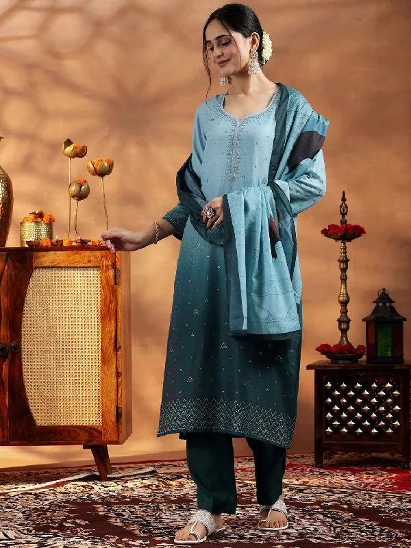 Green Self Design Cotton Blend Straight Suit With Dupatta