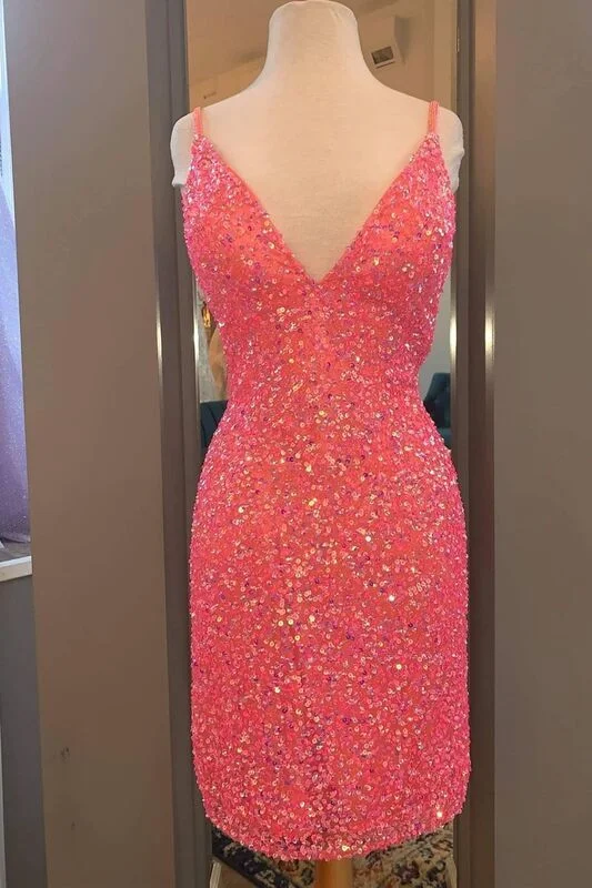 Tight Hot Pink Sequins Short Party Dress gh1217