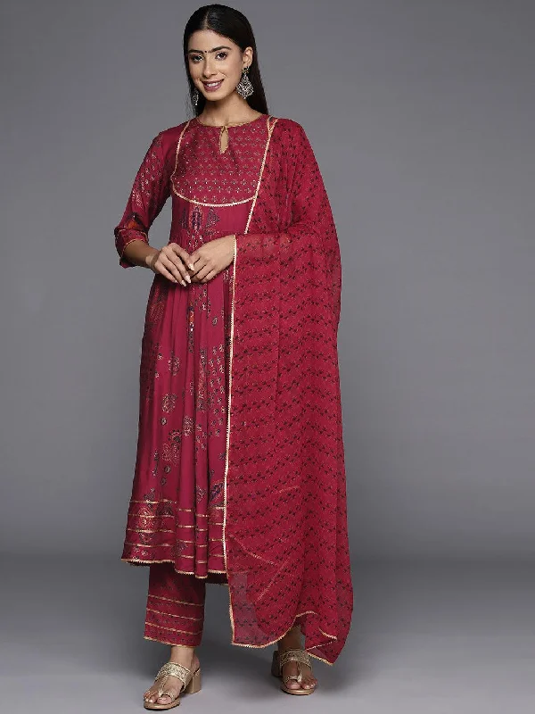 Red Printed Silk Blend Anarkali Suit With Dupatta