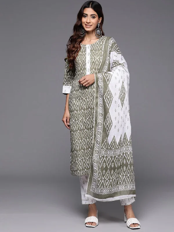 Grey Printed Cotton Straight Suit With Dupatta