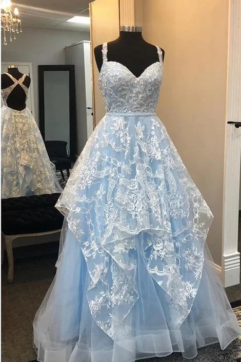 Elegant A Line Blue Open Back Appliques Prom Dress, Long Evening Party Dress  gh1000