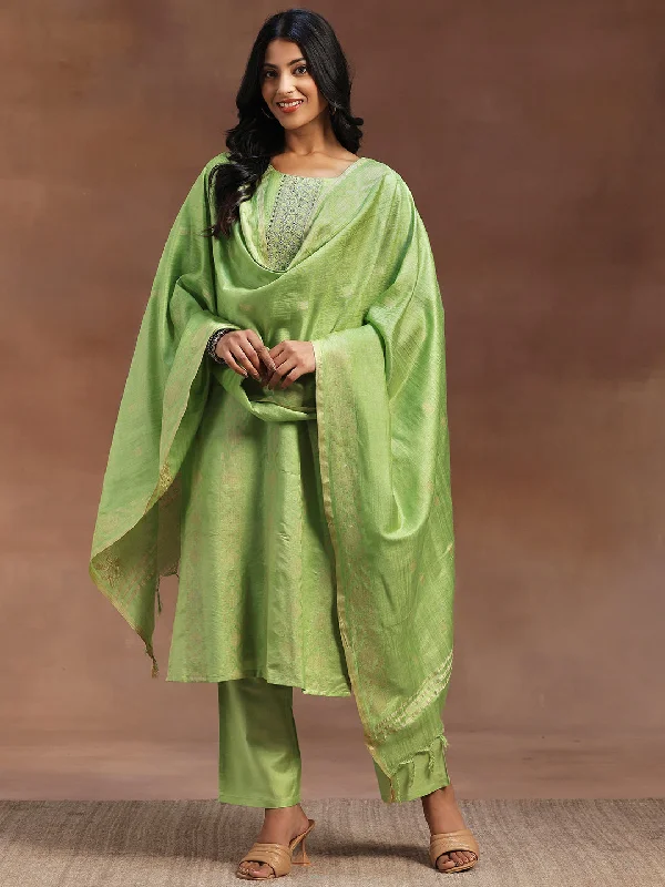 Green Woven Design Chanderi Silk Straight Suit With Dupatta