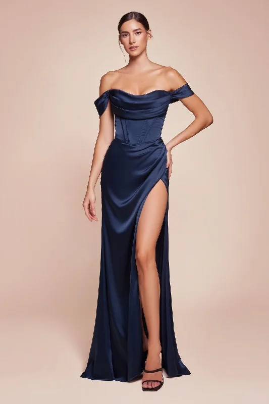 Off The Shoulder Cowl Neck Corset Satin Long Prom & Bridesmaid Dress CD7492