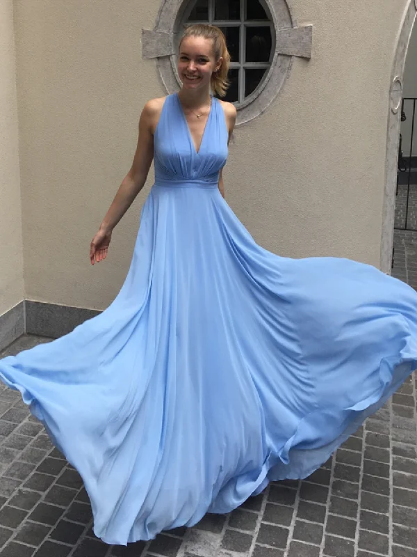 Simple A Line V Neck Light Blue Long Prom Dresses, Light Blue Formal Graduation Evening Dresses, Blue Bridesmaid Dresses