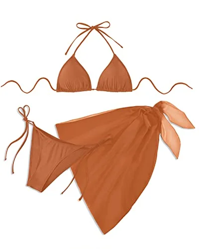 Sexy Halter Triangle Bikini Set Sarong Cover Up-Brown