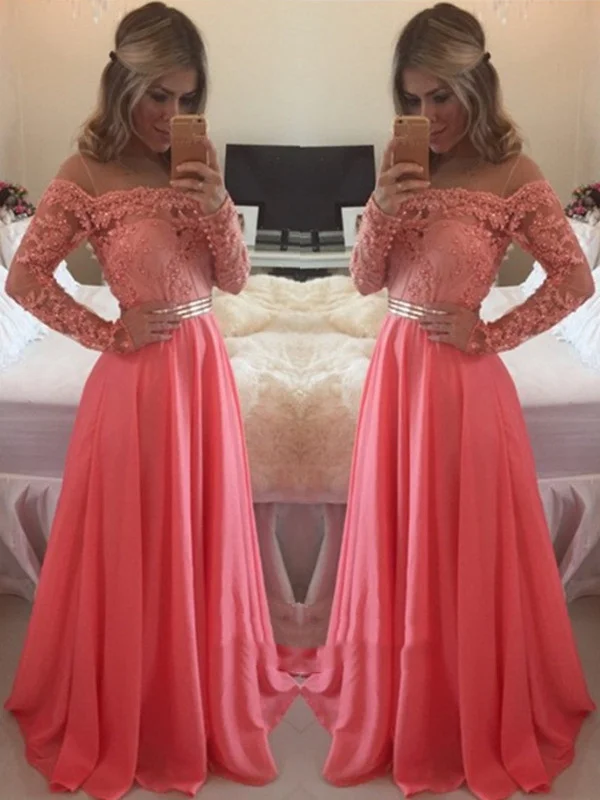 Custom Made A Line Floor Length Long Sleeves Coral Lace Prom Dress, Coral Lace Bridesmaid/Formal Dresses