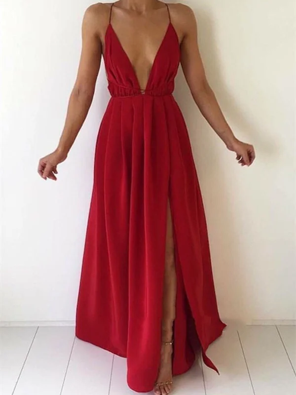 A Line V Neck Backless Floor Length Prom Dresses, Bridesmaid Dresses, Formal Dresses