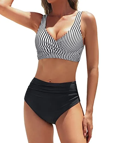 Ruched Women's Full Coverage Two Piece High Waisted Bikini Set-Black And White Stripe