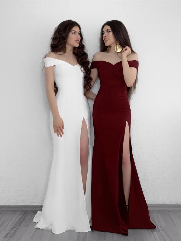 Off Shoulder Mermaid White/Burgundy Prom Dresses with Side High Slit, Off Shoulder White/Burgundy Bridesmaid Dresses, Graduation Dresses