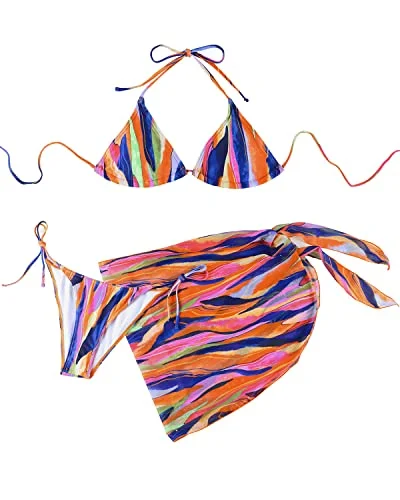 Adjustable Halterneck Bikini Swimsuit Set Vintage Three Piece Bikini-Colorful