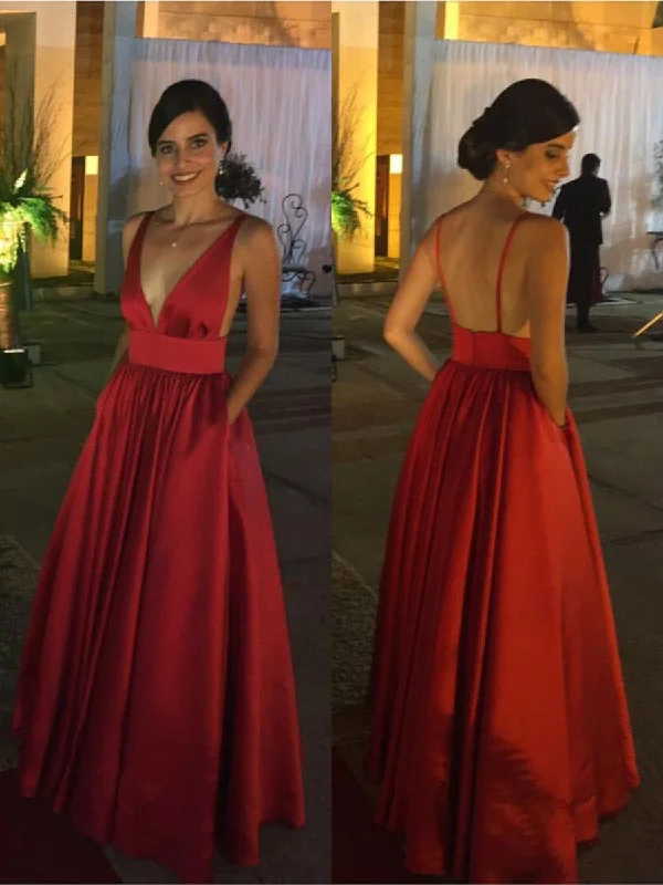 Burgundy A Line Deep V Neck Backless Satin Long Prom Dresses, Burgundy Formal Dresses, Burgundy Bridesmaid Dresses