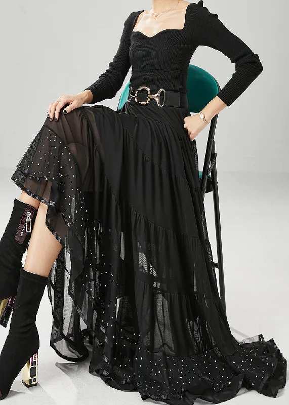 Black Patchwork Chiffon Skirts Exra Large Hem Wrinkled Fall